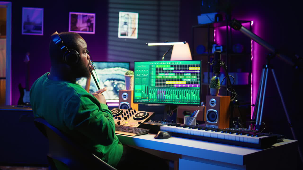 compositor de música confiado mezclando sonidos en software de audio digital