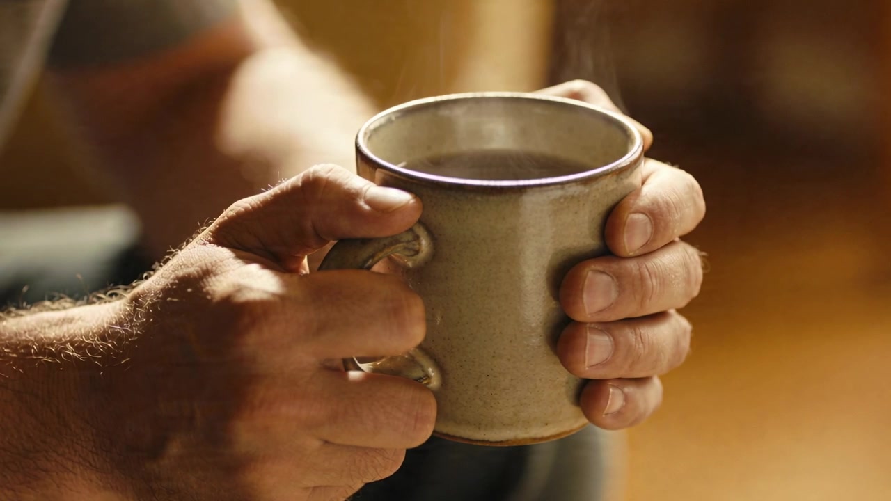 Frames showing man in grey shirt cradling ceramic-mug, warming hands and nudging handle at home