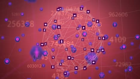 Animation-of-network-of-connections-with-icons-and-numbers-on-red-background