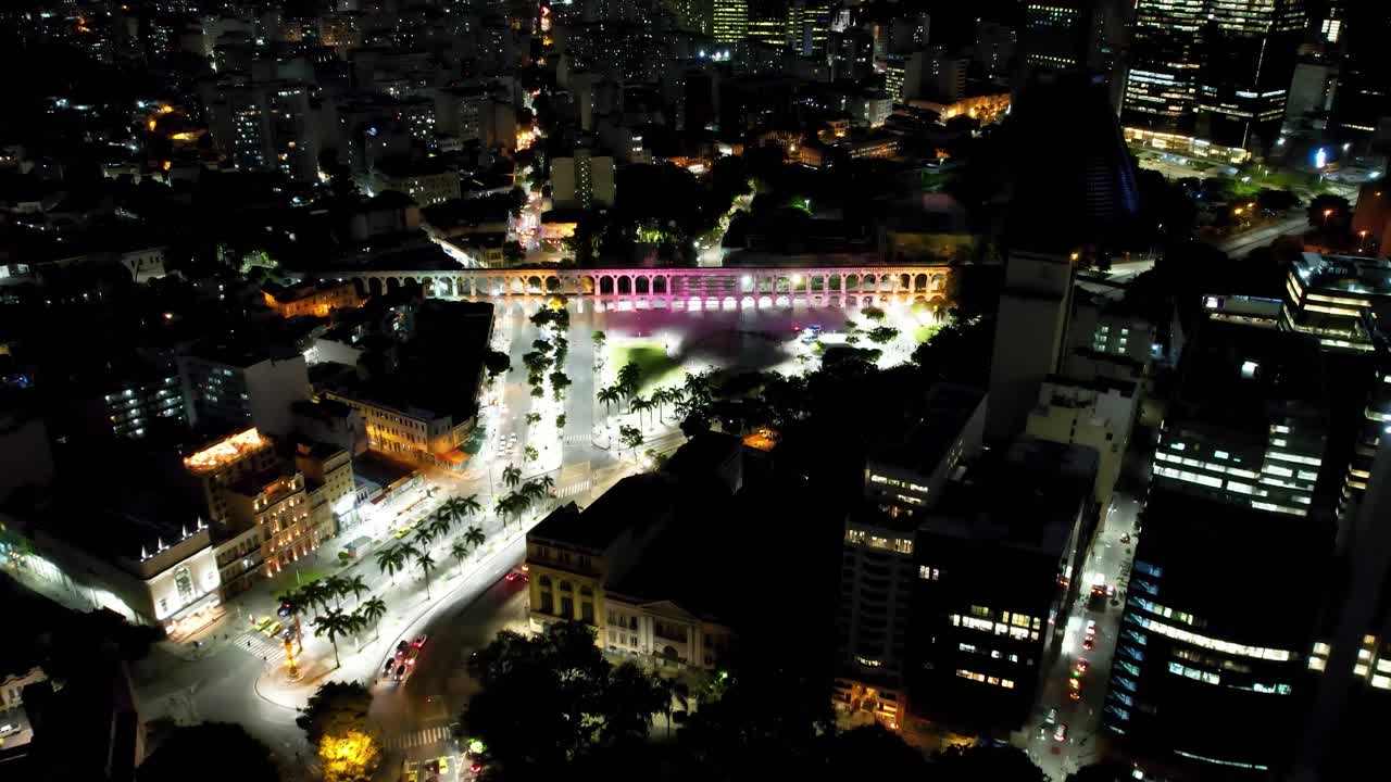 Night scape of Rio de Janeiro Brazil. Panoramic view of illuminated downtown district of Rio de Janeiro Brazil. Buildings and avenue landmark of city. Famous Rio de Janeiro capital city.
