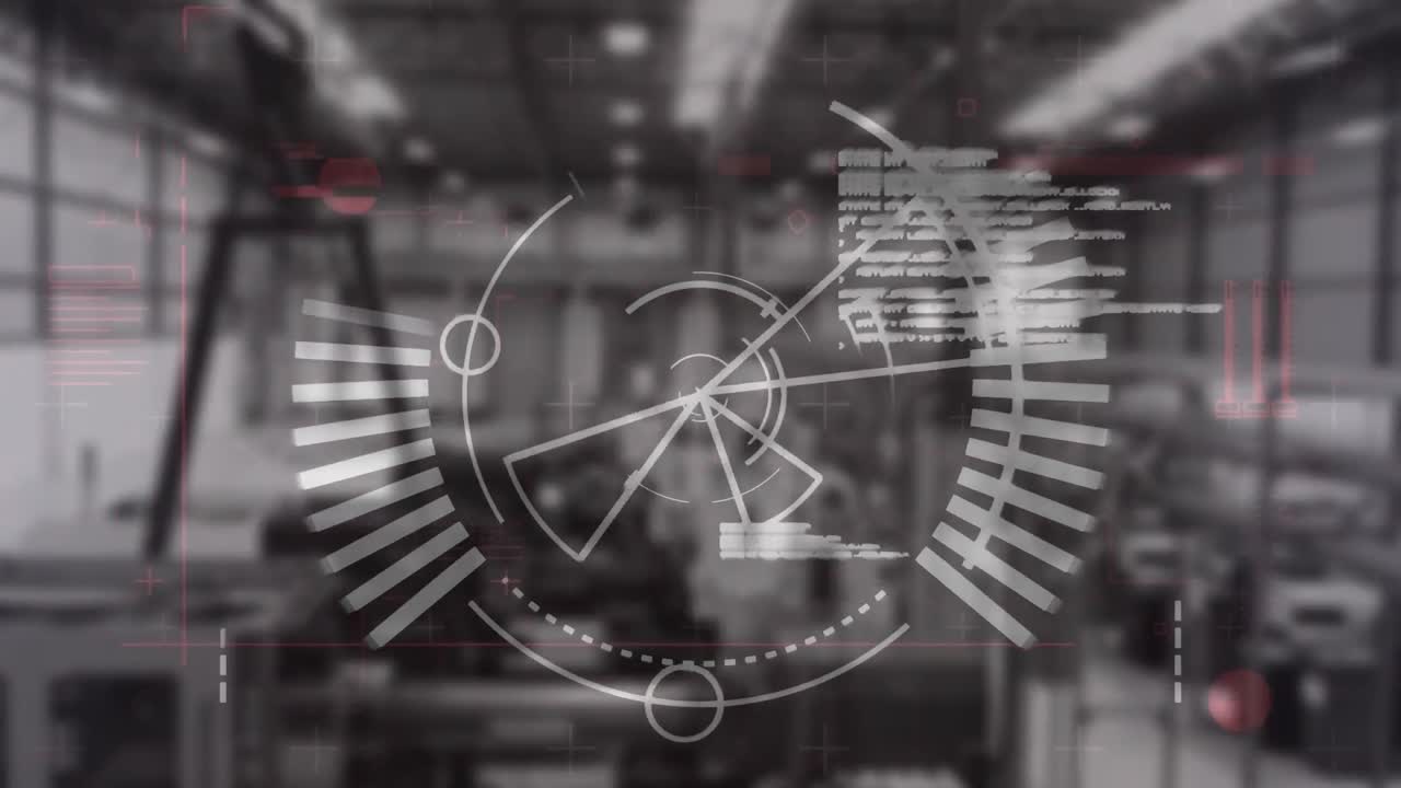 다양한 데이터와 함께 디지털 화면의 애니메이션 라다와 함께 흐릿한 창고