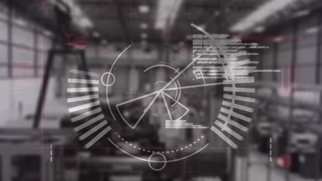 animación de pantalla digital con datos diversos con radar sobre el almacén borroso