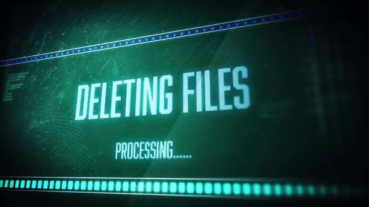 Animation of deleting files processing text flashing digital interface