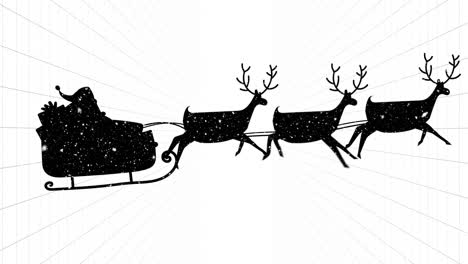 Snow-falling-over-silhouette-of-santa-claus-in-sleigh-being-pulled-by-reindeers-on-white-background
