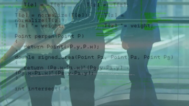 Animation of data processing over caucasian women on stairs