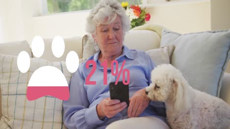 animation of dogs paw over caucasian senior women with dog