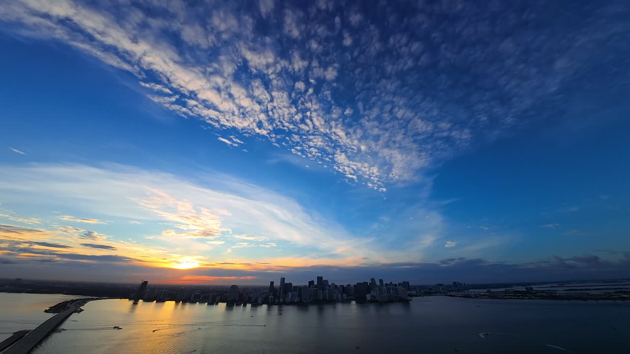 Vast waterscape with multiple yachts standing on anchor. Stratus clouds in the blue sky above the water. City skyline at backdrop. FPV drone footage.