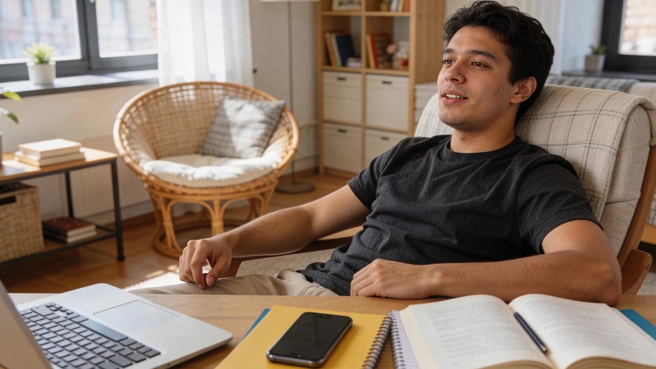 Leaning back, responding to laptop call, male adult wearing dark tee, light pants gesturing at desk
