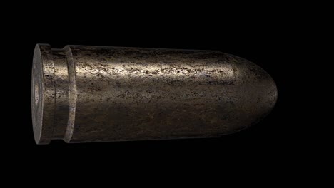 a 360-degree pan around a 9mm bullet as it flies through the air in slow motion, shot against a black background.