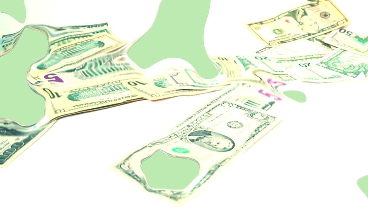 Banconote di dollari in caduta. Al rallentatore. Riprese di denaro.