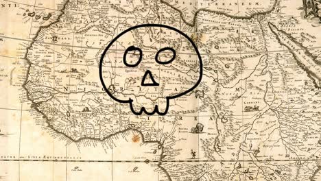 poverty kills: old map of africa with hand-drawn pirate skull overlay