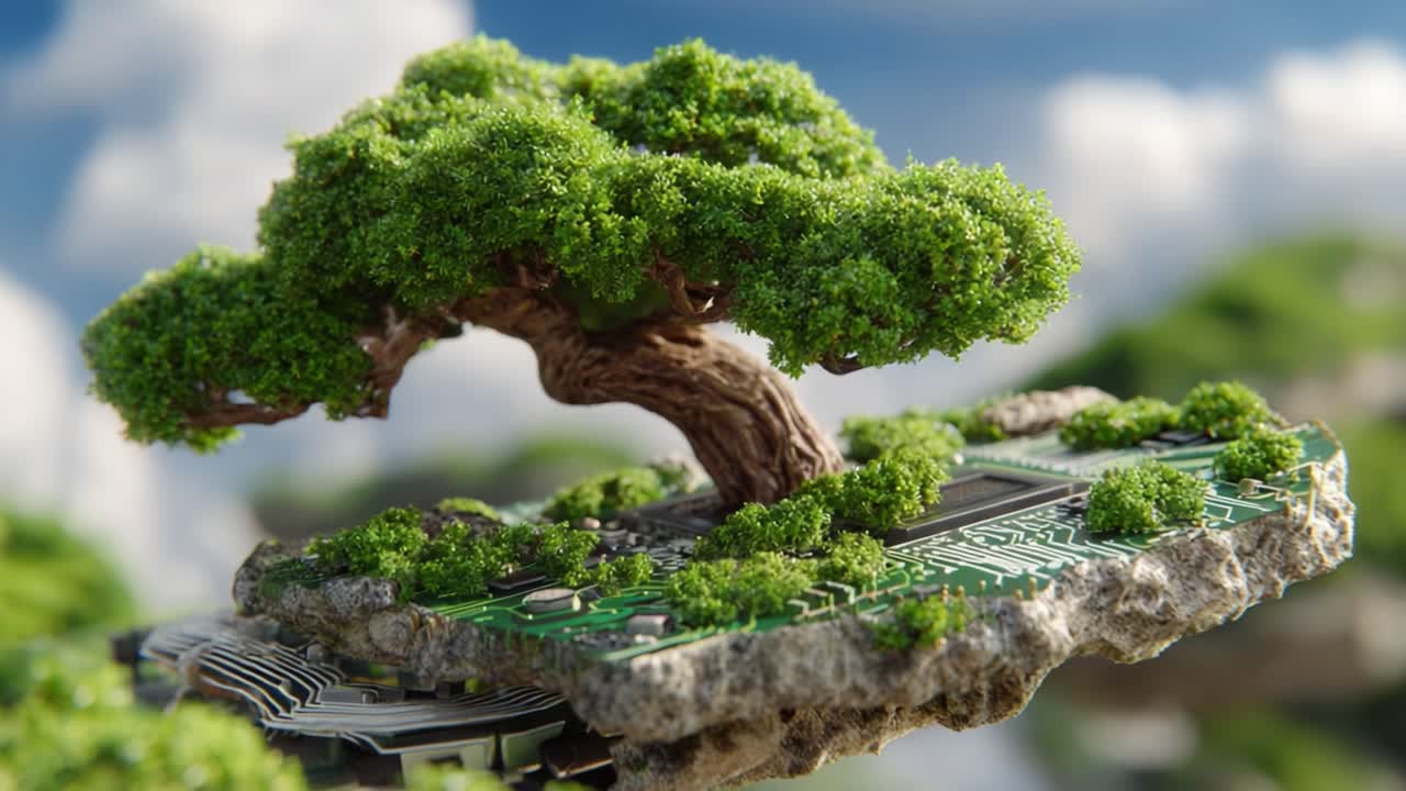 A Surreal Fusion of Nature and Technology: A Majestic Tree Grows from a Circuit Board, Symbolizing Sustainability and Harmony in an Innovative World