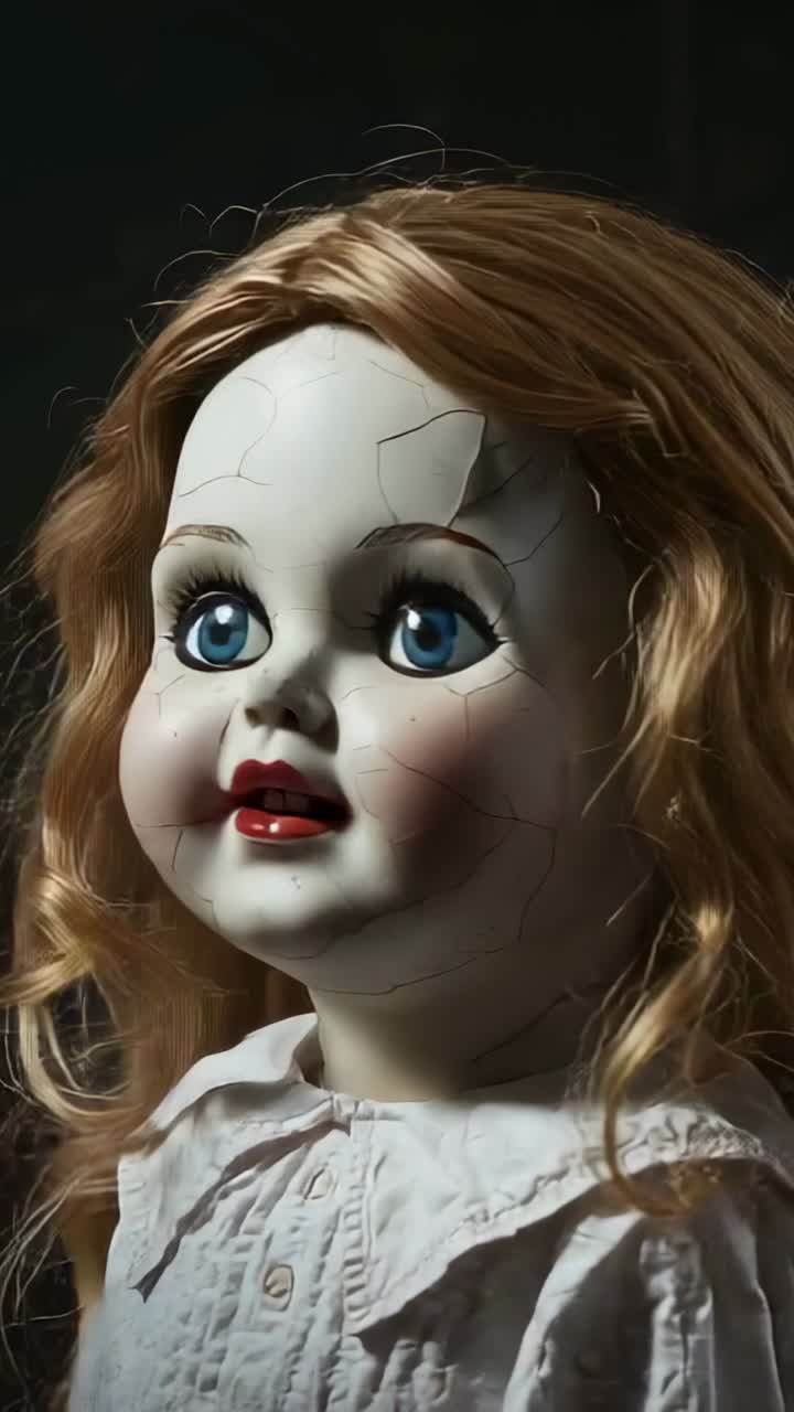 Vertical video: Panning camera across porcelain doll revealing cracks and curly wig on dark shelf