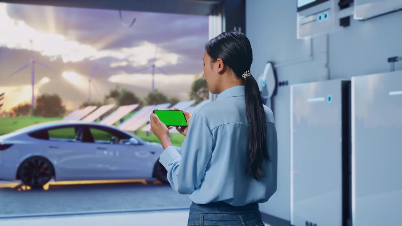 Back View Of Asian Female With Home Energy Storage System In a Modern Garage, Checking On Smartphone With Green Screen And Look At The Factory