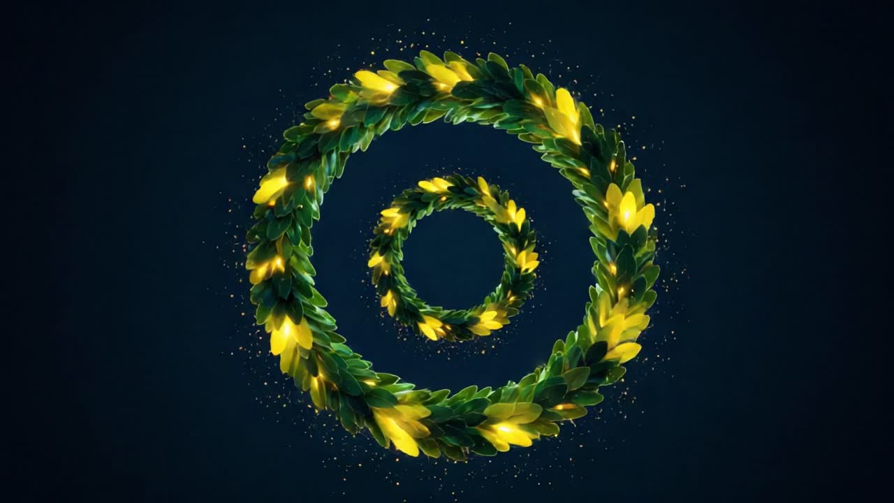 A Captivating Display of Illuminated Green Wreaths with Sparks Against a Dark Background Creating a Mesmerizing Visual Experience