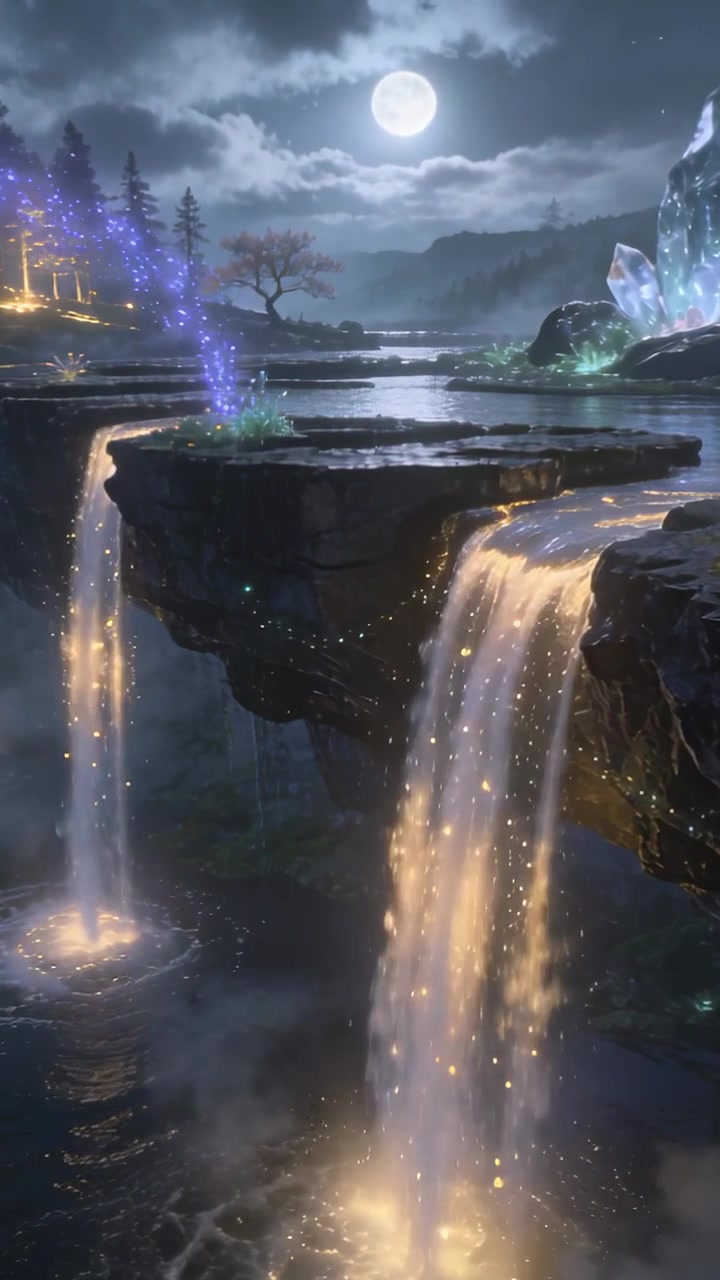 Video verticale: Scintilla blu che sale causando cascate dorate e altopiani rocciosi che brillano su un lago illuminato dalla luna.