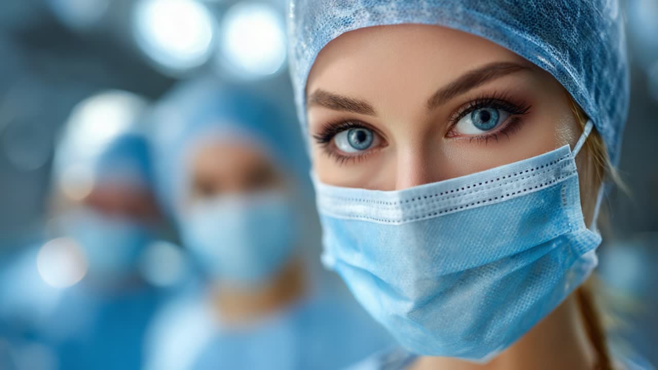 Focused Medical Professional in Surgical Setting with Bright Blue Eyes Wearing Surgical Mask and Cap, Capturing the Essence of Healthcare and Dedication to Patient Care