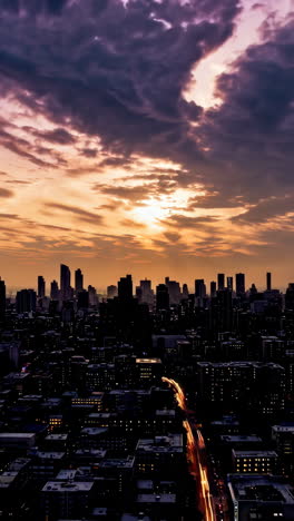 dramatic city skyline at dusk with light trails