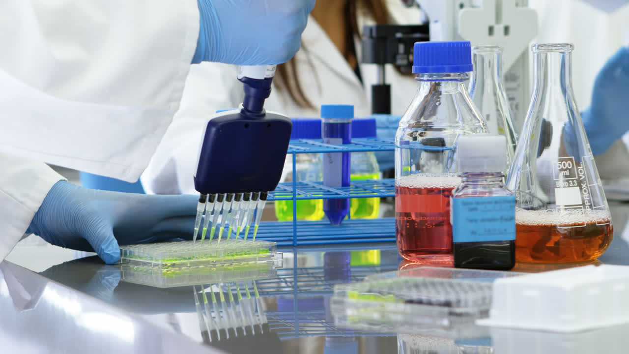 Scientist using multi channel pipette 4k