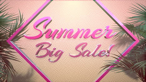 summer big sale in frame and tropical leaf on pink texture