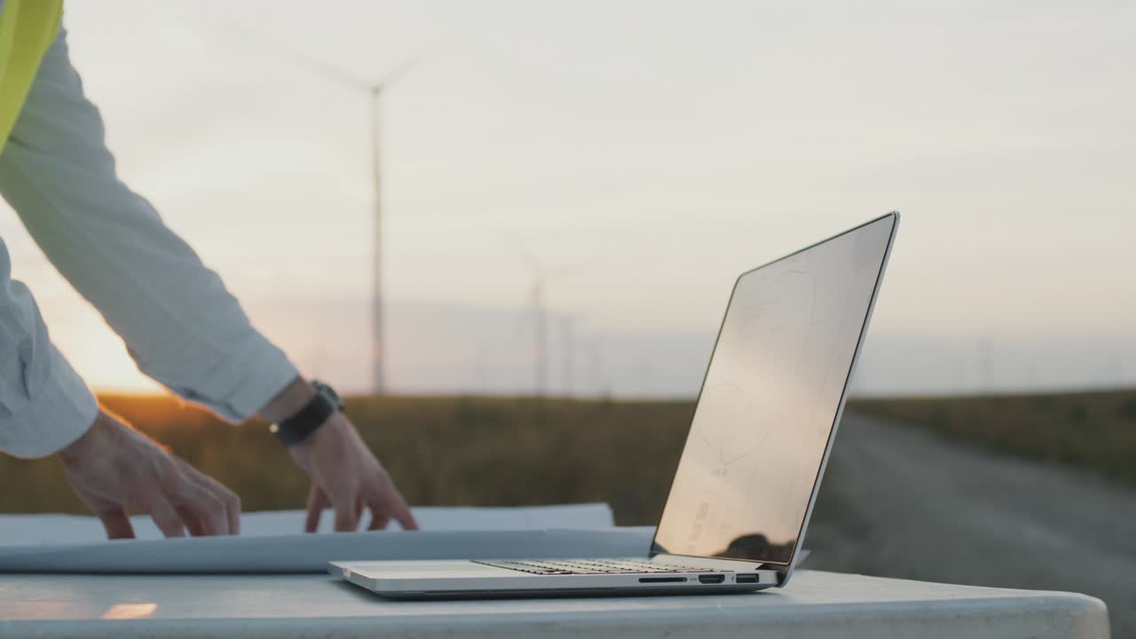 풍력 발전소 엔지니어가 해가 지면 계획을 검토하고 있습니다.