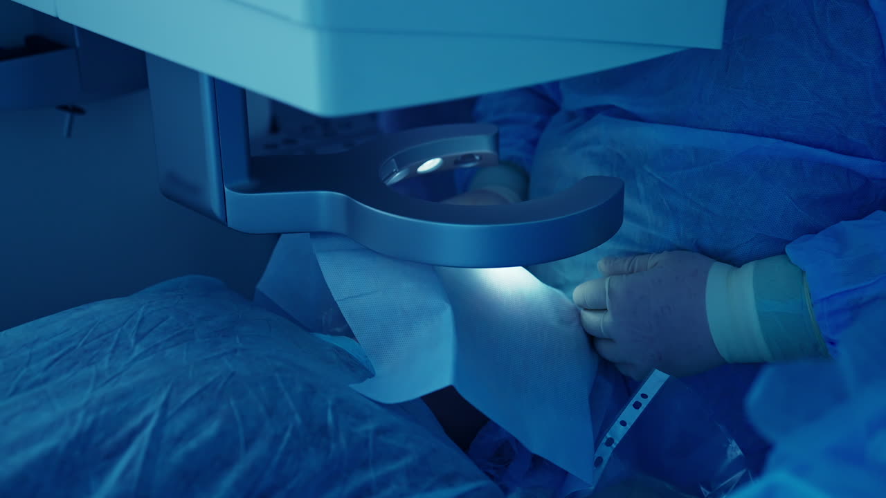Eye surgery in the operating room. Eye-surgeon operating patient through laser vision correction machine. Close-up. Blue light.
