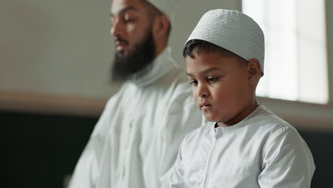 muslim, praying and man with child in mosque