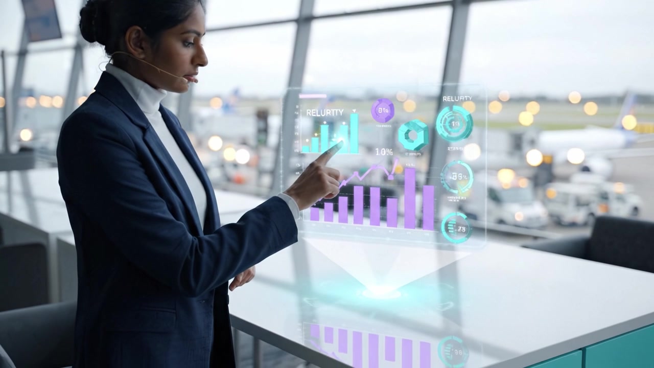Una donna d'affari che analizza dati olografici e metriche di performance in un moderno ufficio aeroportuale, mostrando l'impatto della tecnologia sulla gestione dei viaggi e delle operazioni.