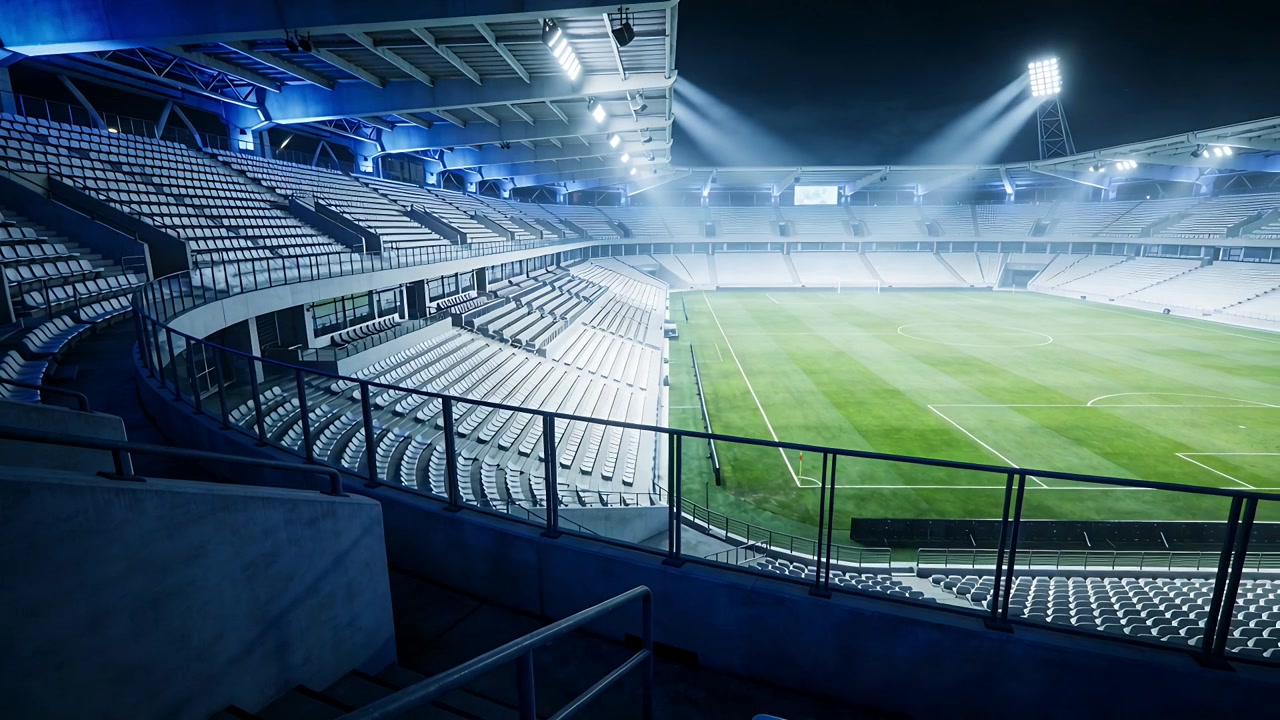 Mostrando tribune vuote e il campo segnato nello stadio di notte, con fasci di luce che si spostano durante un test di illuminazione.