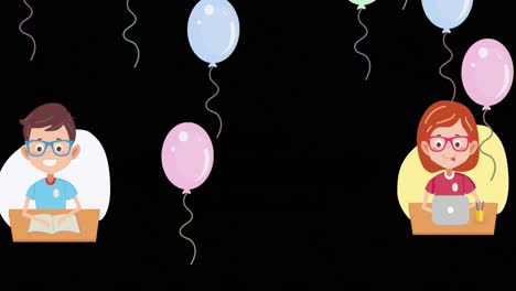 Animation-Von-Kindern-Und-Luftballons-Symbol-Auf-Schwarzem-Hintergrund
