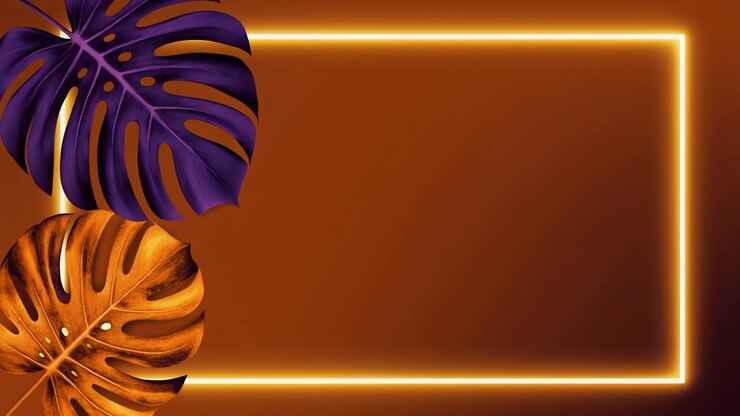 Animated Monstera Leaves with Glowing Neon Frame on Brown Background