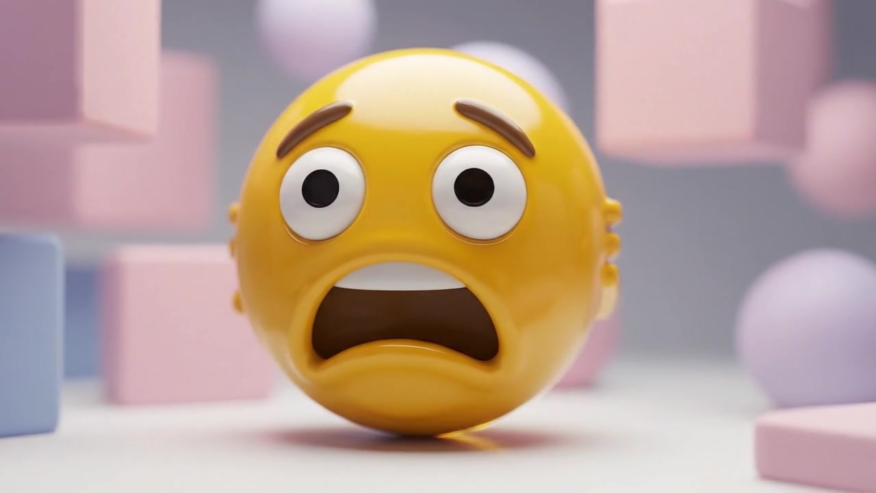 A distressed yellow emoji featuring wide eyes and an open mouth, surrounded by colorful geometric shapes, expresses a feeling of fear and surprise in a playful setting.