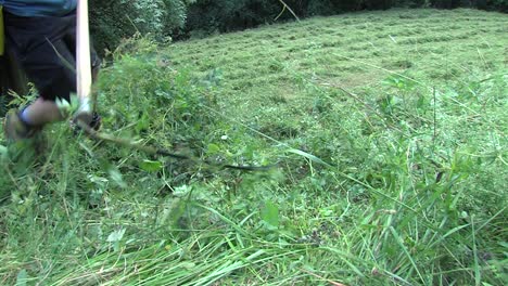 Young-man-mowing-lawn-manually-with-scythe,-steep-grassy-slope-on-summer-day