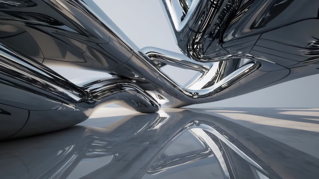 Scultura fluida astratta cromata con superfici riflettenti