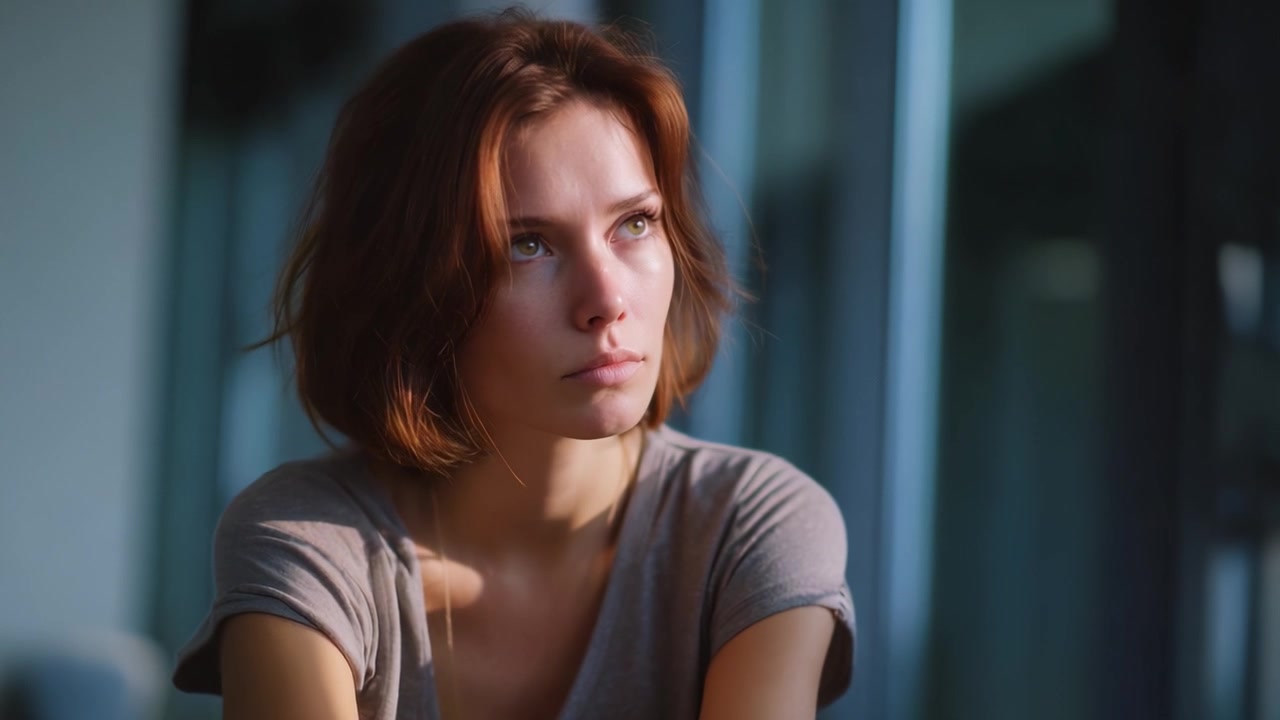 Contemplative Moment: A Close-Up Reflection of Thoughtfulness in Soft Natural Light Showcasing an Introspective Expression and a Peaceful Atmosphere