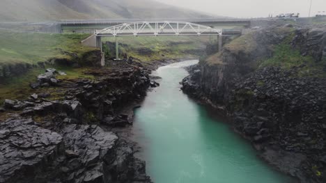 drone shot of a blue green icelandic river and a bridge