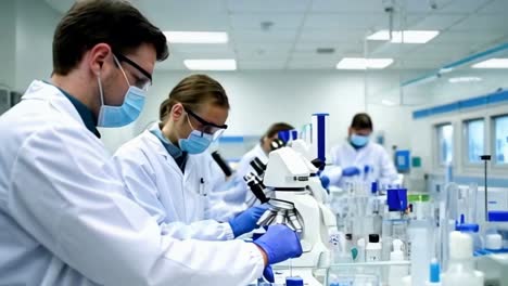 a group of scientists in white lab coats are working in a lab