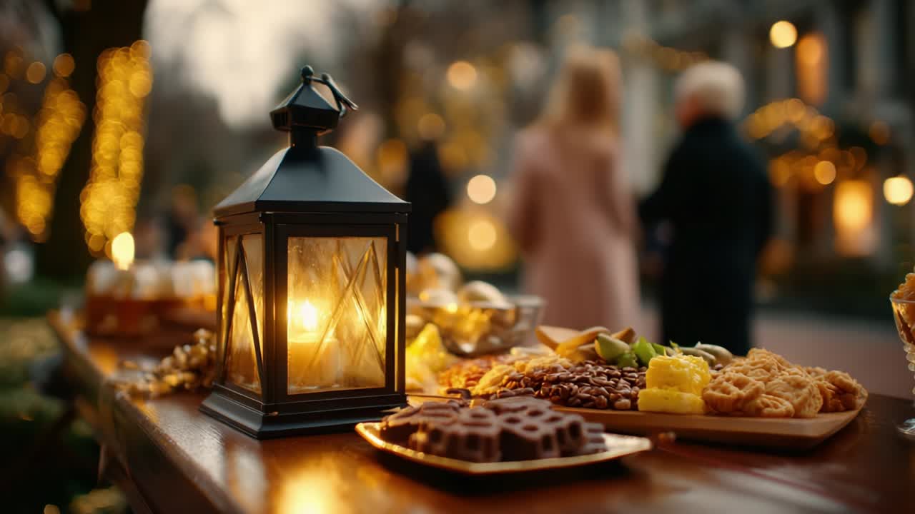 A Cozy Evening with a Beautifully Laid-Out Dessert Table Featuring Delicious Treats and a Charming Lantern, Creating a Warm Ambiance Perfect for Conversations Among Friends and Loved Ones During the Festive Season