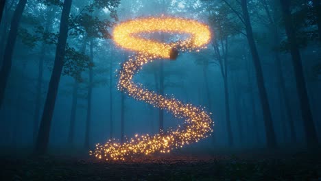 an enchanting blaze of light twists through a mystical forest, illuminating the surroundings with sparkling patterns against a hazy background of tall trees