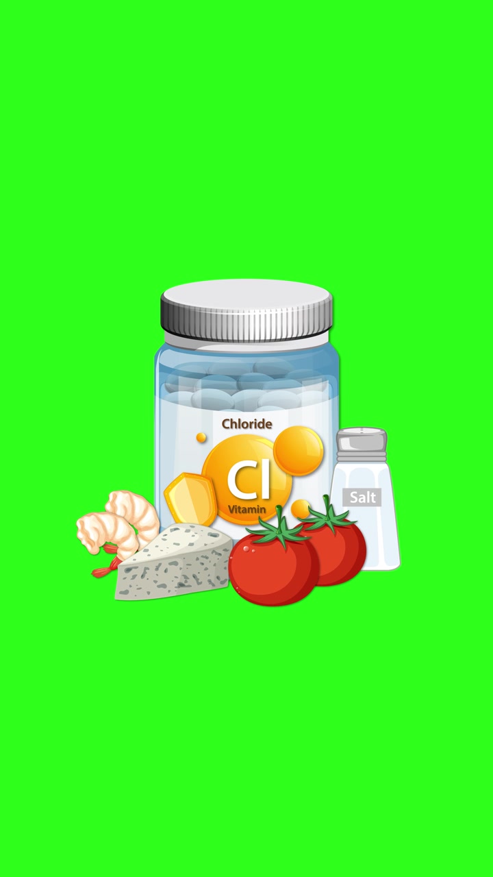 Una bottiglia di vitamine al cloruro con sale, pomodori, formaggio e aglio appare su uno sfondo verde brillante.