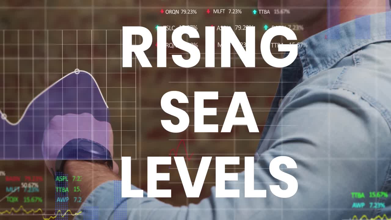 animación del aumento del nivel del mar sobre el gráfico financiero y un empresario caucásico con reloj inteligente