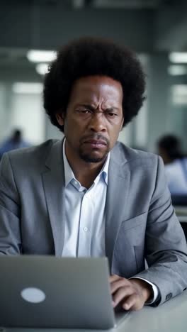 an afro businessman in a gray suit, sitting at his desk with a frustrated and exhausted expression.