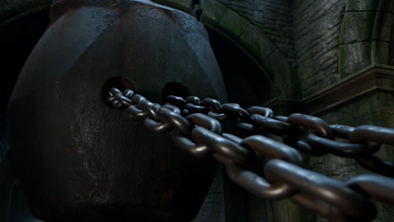 Heavy Metal Chain and Counterweight in a Stone Structure