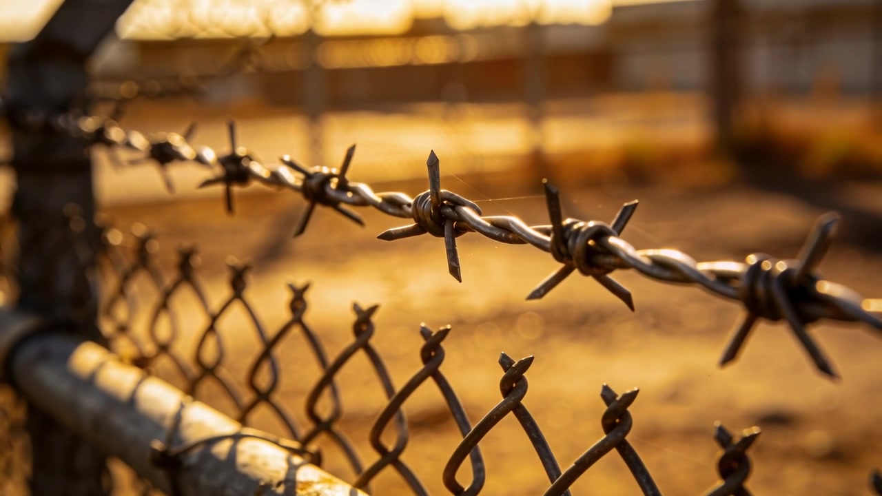 Sliding camera racking focus along barbed wire above chain-link fence, showing sharp barbs