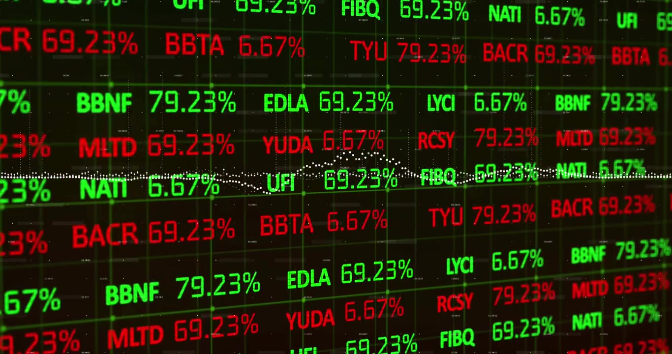 Tabellone digitale della borsa con dati finanziari fluttuanti