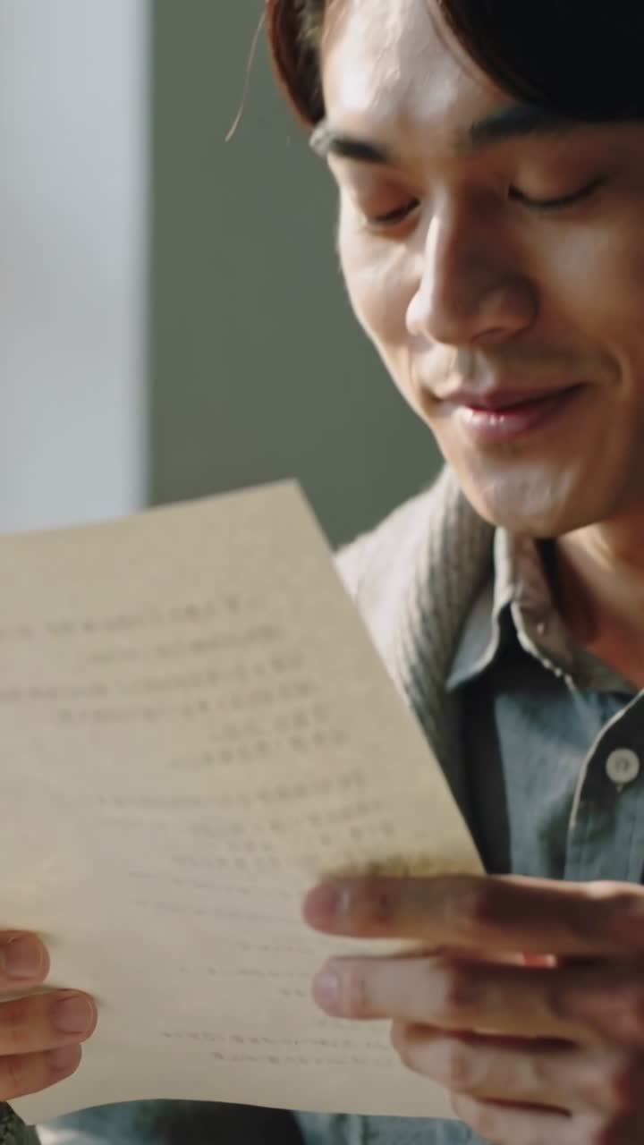 Close-up of Man Reading a Letter and Smiling Happily