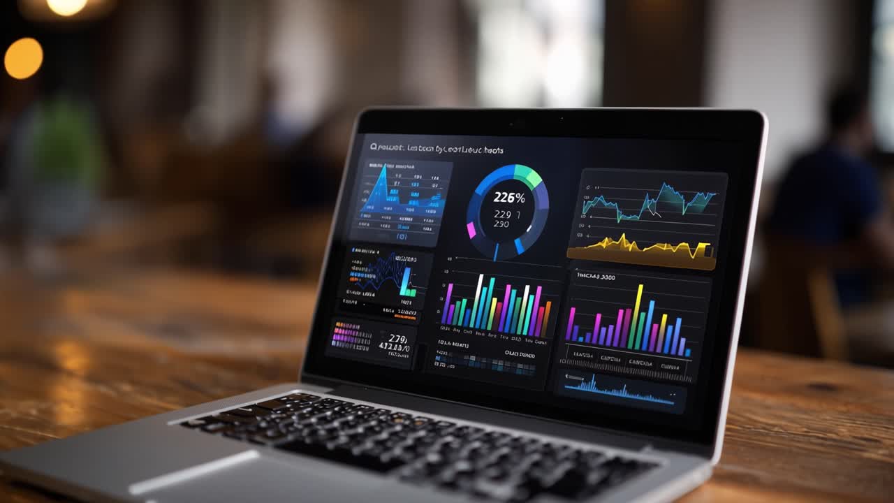 A sleek laptop displaying vibrant data visualizations and analytics on a wooden table, illustrating modern technology in an engaging workspace environment