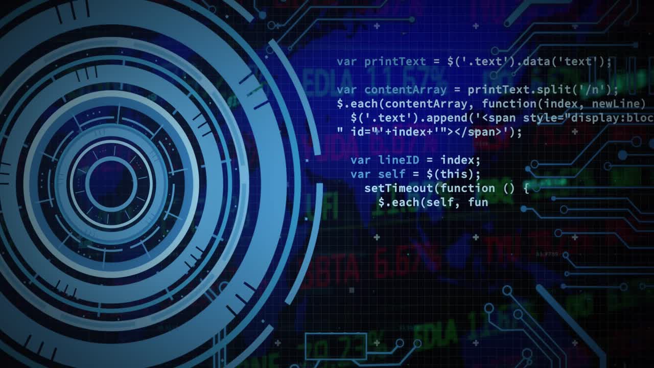 Animation of data processing and scope scanning with world map on black background