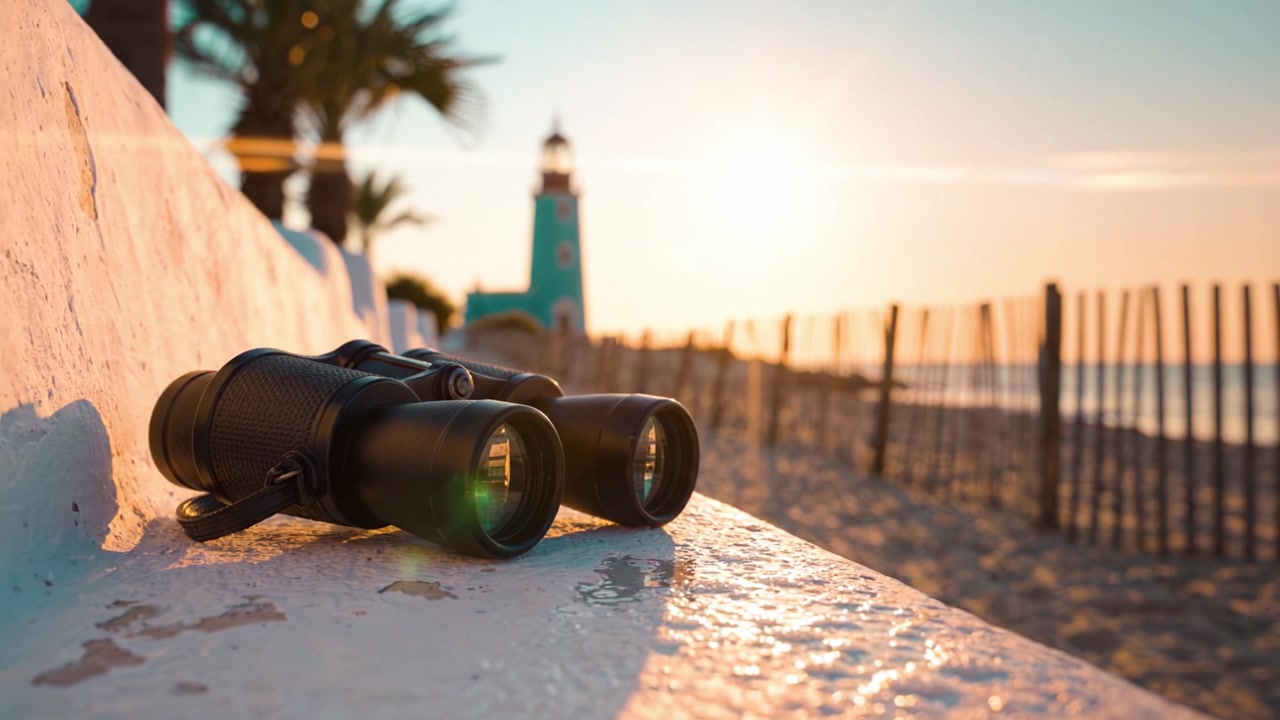 Zonsondergang strandtafereel met verrekijker: een perfecte combinatie van natuur, vrije tijd en verkenning langs de kustlijn, met een schilderachtige vuurtoren op de achtergrond.