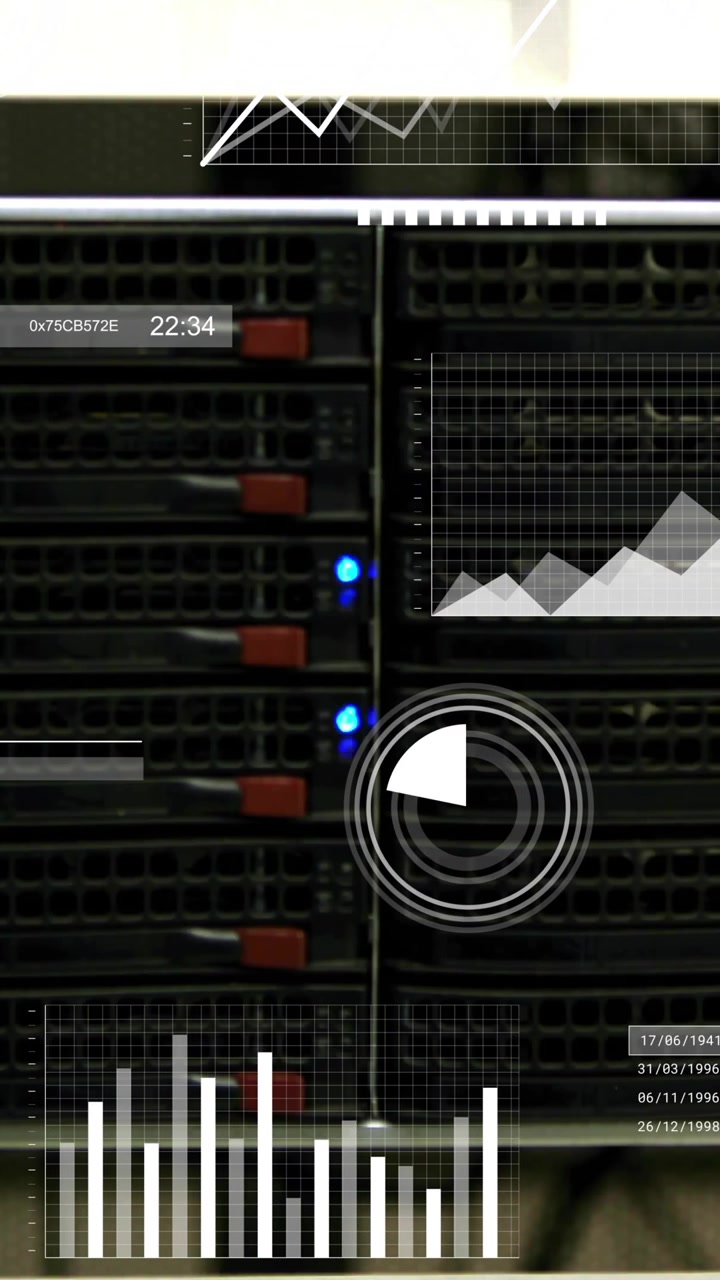 Rack di server con animazione di elaborazione dati digitali e sovrapposizione di grafici